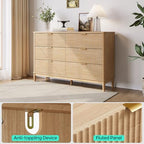 LINSY Fluted Dresser for Bedroom with 6 Drawers, Mid Century Modern Chest of Drawers with Gold Metal Handles, Wide Boho Wood Dressers, Large Farmhouse Storage Cabinet for Bedroom, Living Room, Oak