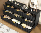 TEENFON Fluted Dresser for Bedroom with 9 Drawers, 63" Wide Modern Chest of Drawers with Metal Handle & Curved Profile Design, Wood Closet Clothes Storage Organizer for Living Room, Hallway, Black