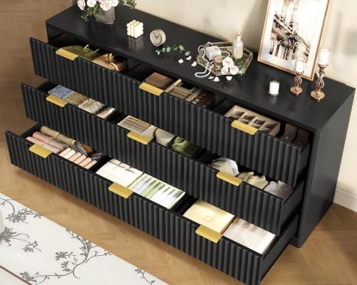 TEENFON Fluted Dresser for Bedroom with 9 Drawers, 63" Wide Modern Chest of Drawers with Metal Handle & Curved Profile Design, Wood Closet Clothes Storage Organizer for Living Room, Hallway, Black