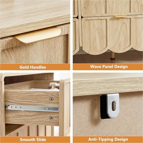 ORRD 9 Drawer Dresser for Bedroom, Modern Closet Chest of Drawers with Wave Fluted Drawer, Wood Storage Small Dresser Organizer for Nursery Bedroom Living Room Hallway Closet (Natural)