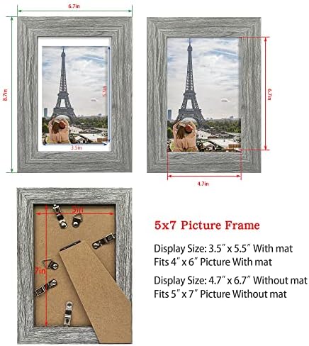Hongkee 5x7 Picture Frame Set of 4, Made of Real Glass and Grey Wooden Frame, 5 by 7 Photo for Wall or Tabletop - Display Picture 4x6 with Mat or 5x7 Without Mat
