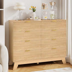 HUANLEGO 48" W Tall Fluted Dresser for Bedroom with 8 Drawer, Oak