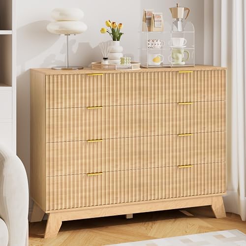 HUANLEGO 48" W Tall Fluted Dresser for Bedroom with 8 Drawer, Oak