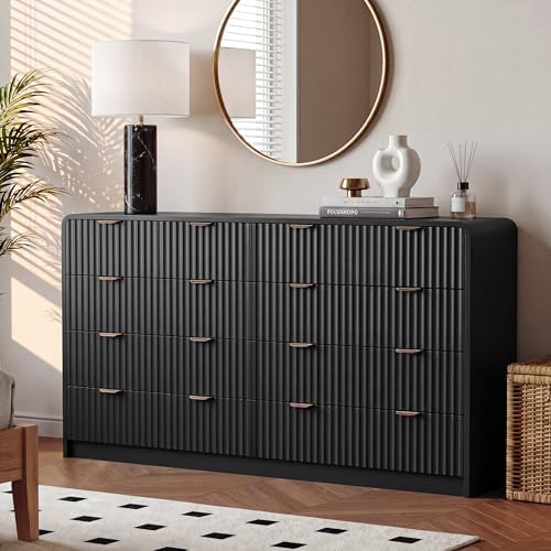 HOUROM 55“ Wide Black Fluted Dresser for Bedroom with 10 Drawers
