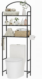Over The Toilet Storage Rack - 3 Tier Bathroom Organizer with 4 Hooks & Paper Holder - Space Saving Metal Shelf for Bathroom - Black Toilet Storage
