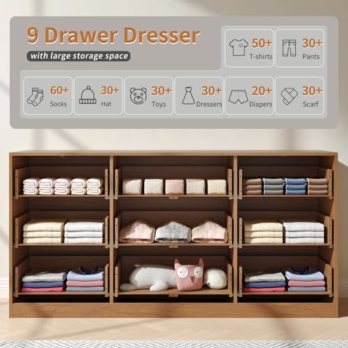 Natural Wood Dresser with 9 Drawer 63" Wide Fluted Dresser for Bedroom丨Long Dresser Modern Chest of Drawers with Gold Handle, Wood TV Stand Storage Organizer for Bedroom, Living Room, Natural Wood