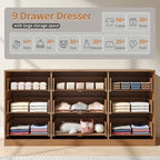Natural Wood Dresser with 9 Drawer 63" Wide Fluted Dresser for Bedroom丨Long Dresser Modern Chest of Drawers with Gold Handle, Wood TV Stand Storage Organizer for Bedroom, Living Room, Natural Wood