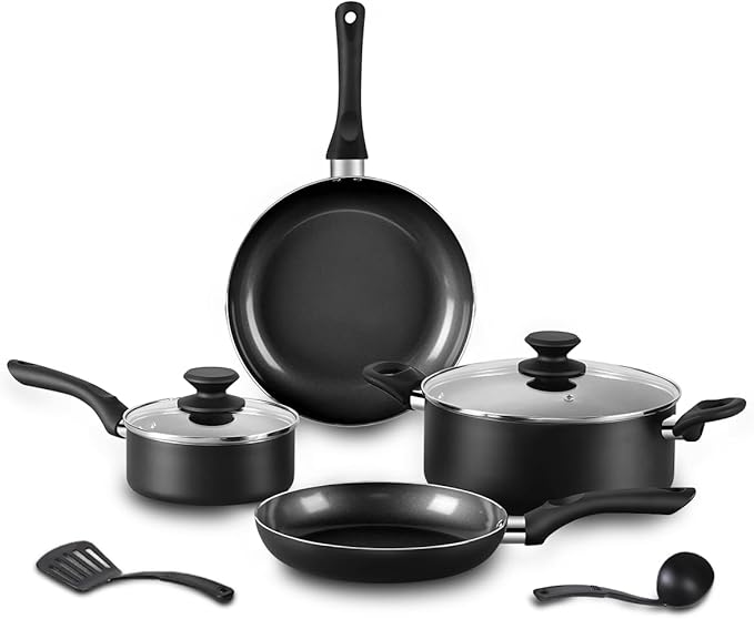 BECIGAR 8pcs Black Ceramic Pots and Pans Set, Cooking Pan Set,Cooking Pot Set Ceramic Pan Set, Nonstick Cookware Set, Induction Safe Kitchen Cooking Set with Frying Pans, Saucepans, shovel and Ladle