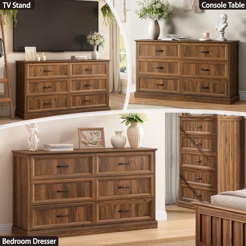 Farmhouse 6 Drawer Dresser for Bedroom, 55" Walnut Dresser with TV Stand