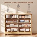 Fluted 8 Drawer Dresser for Bedroom, 47" Wide Modern Chest of Drawers with Metal Handle & Storage, Wooden Dresser TV Stand, Closet Clothes Storage Organizer for Living Room, Natural Oak Dresser