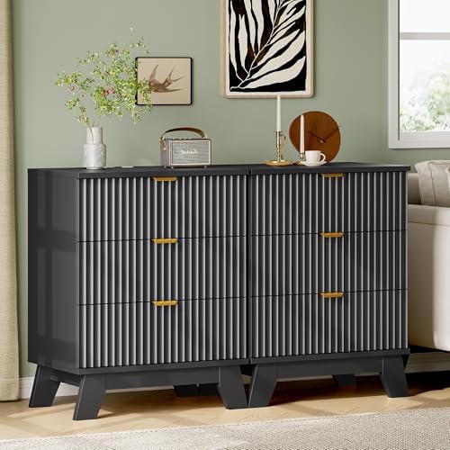 Xixini Fluted Nightstand with Charging Station, Tall Bedside Table, Black