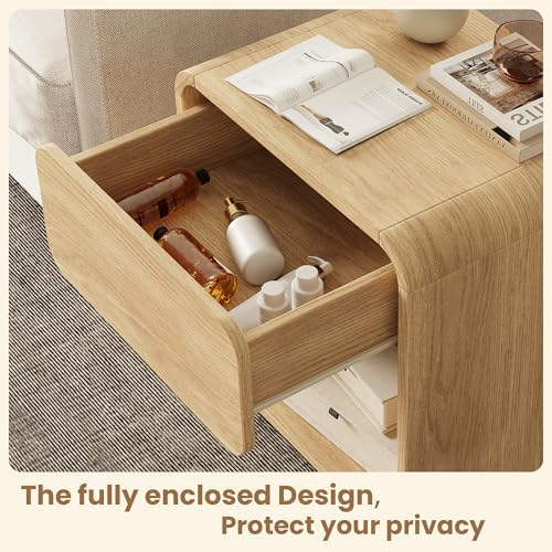 Modern Curved Nightstands Set of 2 with Open Shelf,Natural Oak