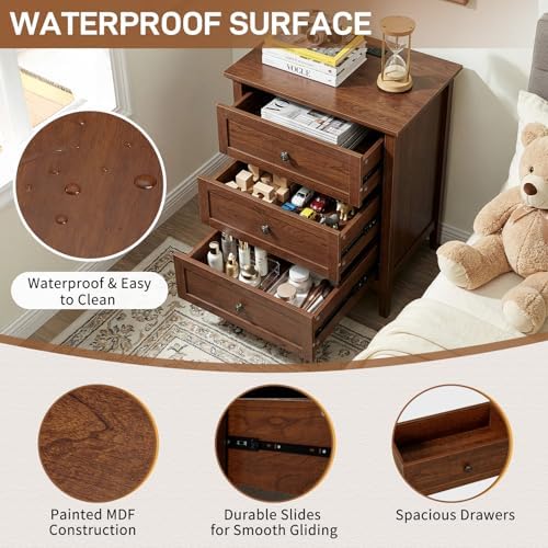 Karl home Brown Farmhouse Nightstand, Wide End Table with Charging Station