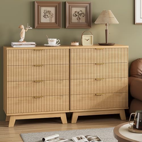 Xixini Fluted Nightstand with 4 Drawers, 31.5" Wide Side Table, Natural Oak