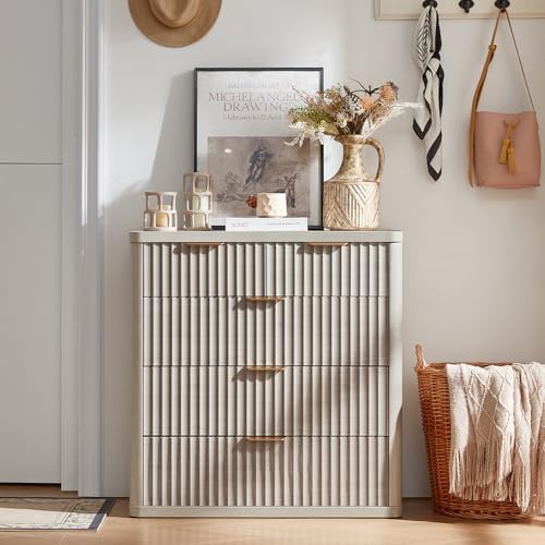 LEYAOYAO Fluted 5 Drawers Dresser for Bedroom, 34" Tall Modern Chest of Drawers with Metal Handle, Curved Profile Design,Light Grey Wood Drawer Organizer for Bedroom, Living Room, Hallway, Entryway