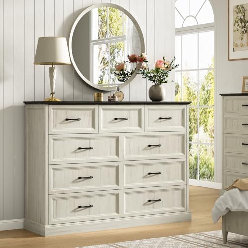 Farmhouse 9 Drawer Dresser for Bedroom, 55" White Dresser with TV Stand
