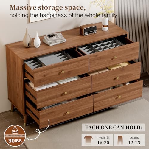 Chrangmay 6 Drawer Dresser,47" Wide Mid Century Chest of Drawers,Wooden Bedroom Drawer Dresser with 6 Storage Drawers for Bedroom,Living Room,with Anti-Tipping Device,Walnut.HT