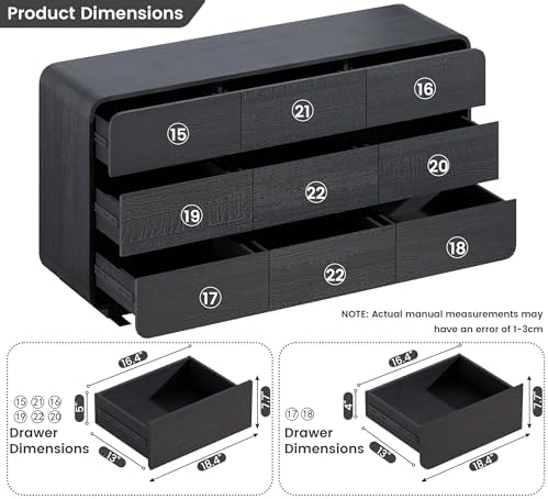 Standifurno Dresser for Bedroom, Modern Cuved Dresser with 9 Drawers,Black Dresser with Handleless Design, Closet Storage Dresser, 15.43" D x 57" W x 28.3" H (9 Drawers)