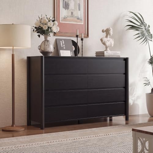 CHUWELL 55" Wide Black 8 Drawer Dresser for Bedroom with Solid Wood Legs