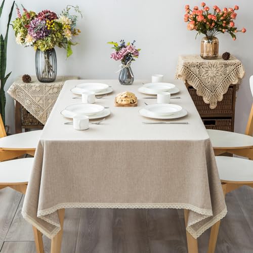 GLORY SEASON Textured Tablecloth Linen-Look Rustic Burlap Style Washable Solid Heavy Weight Lace Trim Rectangle Fabric Table Cloth,Table Cover for Kitchen Dinning Tabletop Decoration55x70 in Beige - size: 70" x 55" (Rectangular)