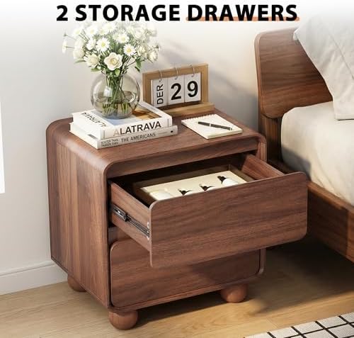 AVZEAR Set of 2 Modern 2 Drawer Dresser, 2 Drawer Nightstand Small Wooden Dresser Chest of Drawers, Handle Free & Curved Profile Design Sofa End Table for Living Room, Nursery, Walnut