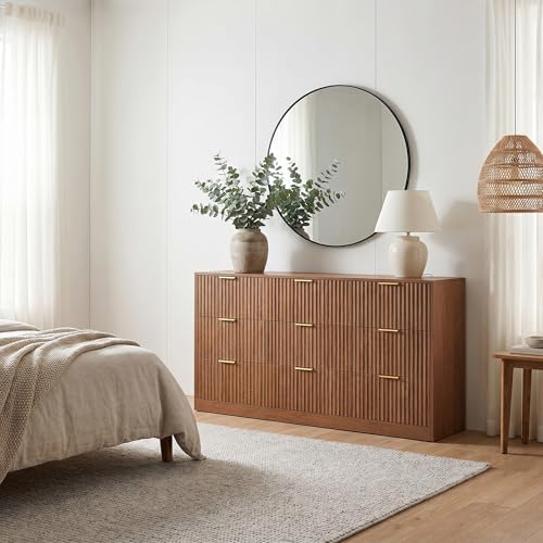 9 Drawer Dresser for Bedroom, 63" Wide Modern Fluted Chest of Drawers, Wooden Dresser with Gold Metal Handles, Mid Century Large Dresser TV Stand for Living Room Hallway Light Walnut