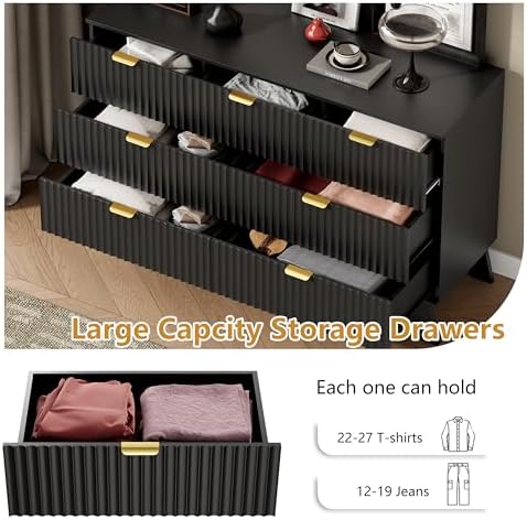 Wodeer 7 Drawer Fluted Dresser for Bedroom, Mid Century Modern Dresser with 7 Drawers, Dressers & Chests of Drawers with Metal Handle, TV Stand & Storage Organizer for Entryway, Hallway, Black
