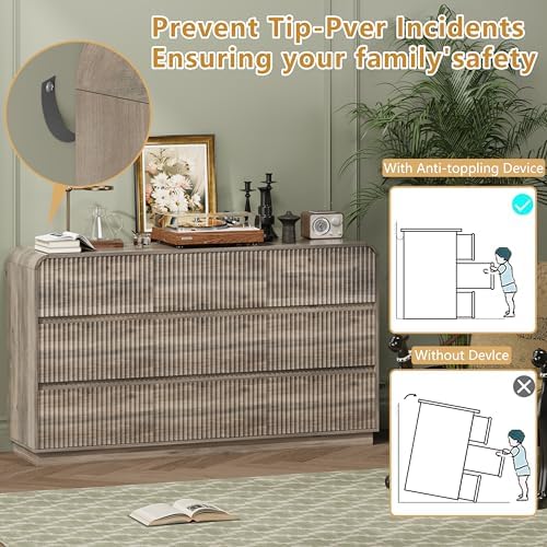 Wodeer Grey Dresser Fluted 9 Drawers Dresser for Bedroom, 59" Wide Wood Chest of Drawers with Hidden Handles & Rounded Corners, Modern TV Stand Storage Cabinet for Living Room, Hallway, Entryway, Gray