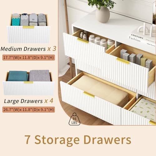 7 Drawer Fluted Dresser with Deep Drawers for Bedroom, White丨55 Wide Mid Century Dresser, Modern Chest of Drawers, Wood TV Stand Storage Organizer for Closet, Living Room, Hallway