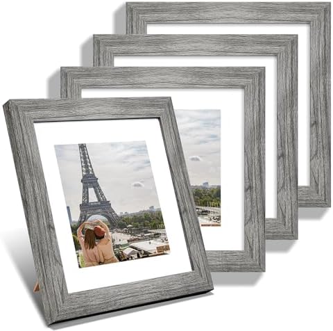 Hongkee 8x8 Picture Frames Set of 4, Made of Glass and Grey Wooden Frame - Display Picture 6x6 with Mat or 8 x 8 Without Mat, 8 by 8 Photo for Wall or Tabletop