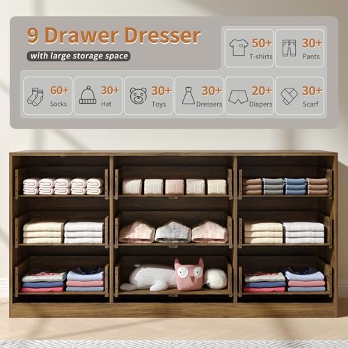 Walnut Dresser with 9 Drawer 63" Wide Fluted Dresser for Bedroom丨Long Dresser Modern Chest of Drawers with Gold Handle, Wood TV Stand Storage Organizer for Bedroom, Living Room, Walnut