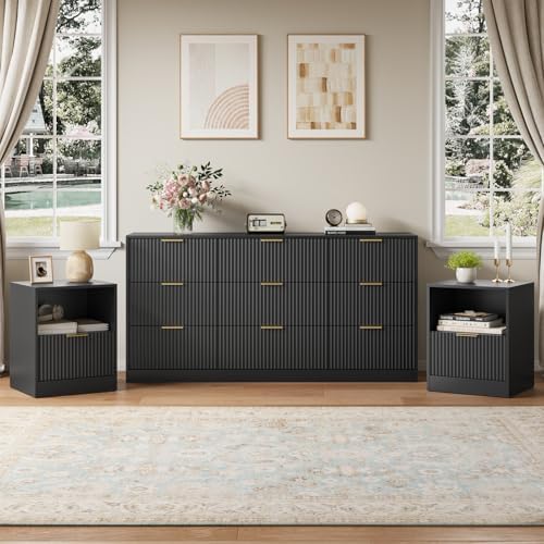 3-Piece 9 Drawer Dresser and 1-Drawer Nightstand Set, Black丨63 Wide Fluted Bedroom Dresser Set Night Stand Set of 2, Modern Wood Chest of Drawers Storage Dressers Set for Bedroom