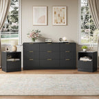 3-Piece 9 Drawer Dresser and 1-Drawer Nightstand Set, Black丨63 Wide Fluted Bedroom Dresser Set Night Stand Set of 2, Modern Wood Chest of Drawers Storage Dressers Set for Bedroom