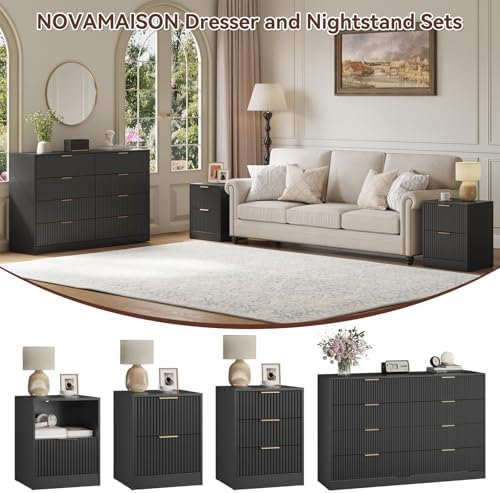 8 Drawer Dresser & 2-Drawer Nightstand Set 3-Piece, Black丨55 Wide Fluted Black Dresser and Night Stand Set of 2 Modern Wood Chest of Drawers Storage Dressers Set for Bedroom