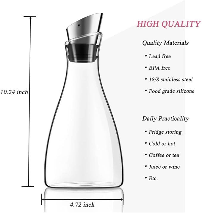 Purefold 44 Ounce Glass Carafe with Stainless Steel Lid, Ice Tea Pitcher, Juice jar, Tea & Coffee Maker, Perfect Drinkware for Hot and Cold Water Pitcher