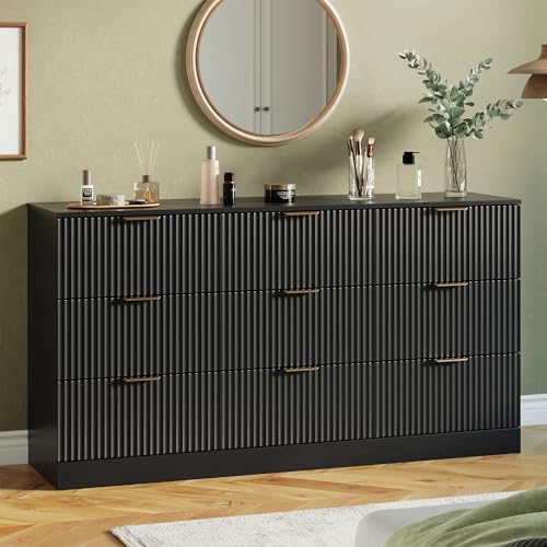 MALOL Fluted 9 Drawer Dresser for Bedroom, 59" Wide Wood Chest of Drawers with Metal Handle, Long Dresser Storage Organizer TV Stand for Closet, Living Room, Hallway, Black
