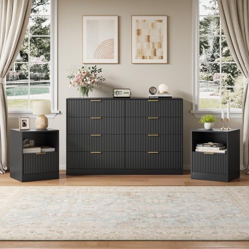 8 Drawer Dresser & 1-Drawer Nightstand Set 3-Piece, Black丨55 Wide Bedroom Dresser Set Night Stand Set of 2, Fluted Modern Wood Chest of Drawers Storage Dressers Set for Bedroom