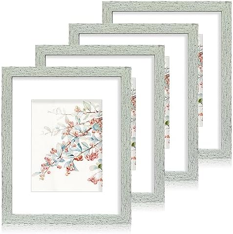 Hongkee 11x14 Picture Frame Set of 4, Made of Real Glass and Sage Green Wooden Frame, Display 8x10 Pictures with Mat or 11 x 14 Posters without Mat for Wall Mounting, Gallery Photo Frames