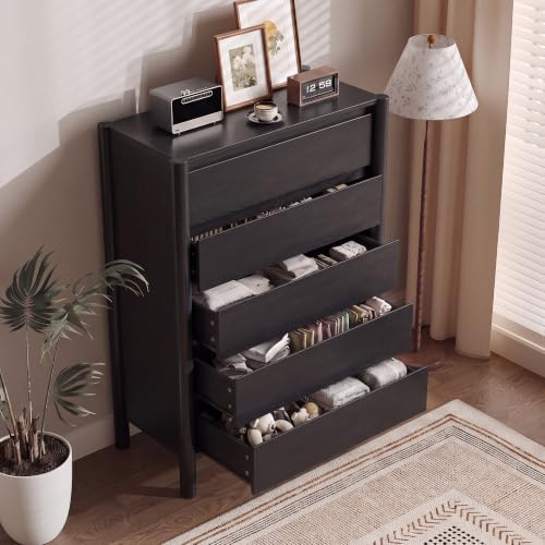 CHUWELL 45" Tall Black 5 Drawer Dresser for Bedroom with Solid Wood Legs