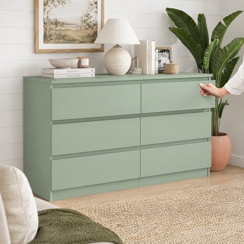 Green Dresser for Bedroom, Modern Large 6 Drawer Dresser with Deep Drawer,Wide Storage Chest of Drawers,TV Stand for Living Room