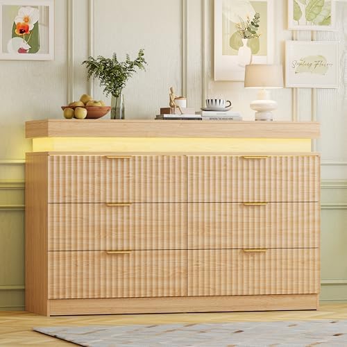 Fluted 6 Drawer Dresser LED Lights & Charging Station, Natural Oak