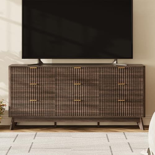 63" Wide Fluted 9 Drawers Dresser for Bedroom,Curved Edge,Walnut