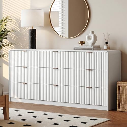 HOUROM 59” Wide White Fluted Dresser for Bedroom with 9 Drawers