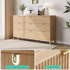LINSY Fluted Dresser for Bedroom with 9 Drawers, Mid Century Modern Chest of Drawers with Gold Metal Handles, Wide Boho Wood Dressers, Large Farmhouse Storage Cabinet for Bedroom, Living Room, Oak
