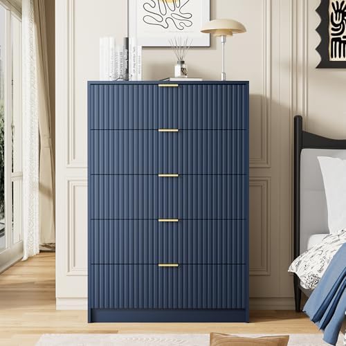 Furniway Blue Dresser for Bedroom, Modern Dresser with 5 Drawers and Smooth Slides, Wide Chest of Drawers with Golden Handles for Bedroom, Living Room, Closet, 15.7" D x 31.5" W x 47.2" H