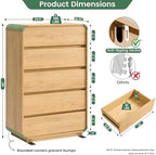 Standifurno Natural 5 Drawer Dresser, Modern Dresser with Storage, Chest Drawers with Wood Grain Texture, Drawers Organizer for Bedroom, Living Room, Hallway.
