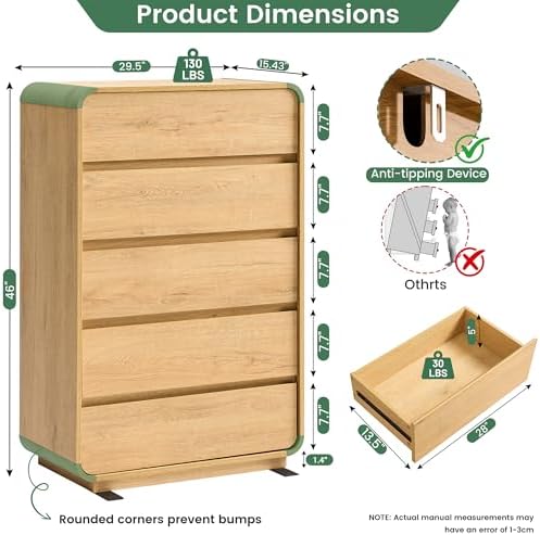 Standifurno Natural 5 Drawer Dresser, Modern Dresser with Storage, Chest Drawers with Wood Grain Texture, Drawers Organizer for Bedroom, Living Room, Hallway.
