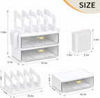 CiWiVOKi White Desk Organizer with 4 File Holder Slots, 2 Clear Drawers & Dual Pen Holders, Sturdy Multi-Functional Desktop Storage for Home Office, Mail Sorter & Caddy