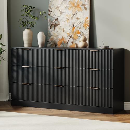 MALOL Fluted 9 Drawer Dresser for Bedroom, 59" Wide Wood Chest of Drawers with Metal Handle, Long Dresser Storage Organizer TV Stand for Closet, Living Room, Hallway, Black