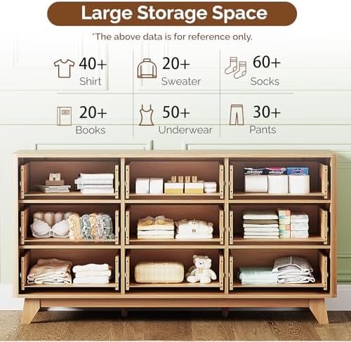 Bonnlo Fluted Dresser,57" Fluted Wide Modern Dresser with Metal Handle, Chest of Drawers, Curved Profile Design, Wood 9 Drawer Organizer for Bedroom, Natural Oak